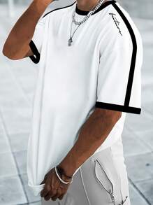 Manfinity Homme Men Plus Letter Graphic Contrast Trim Tee - White - View 1