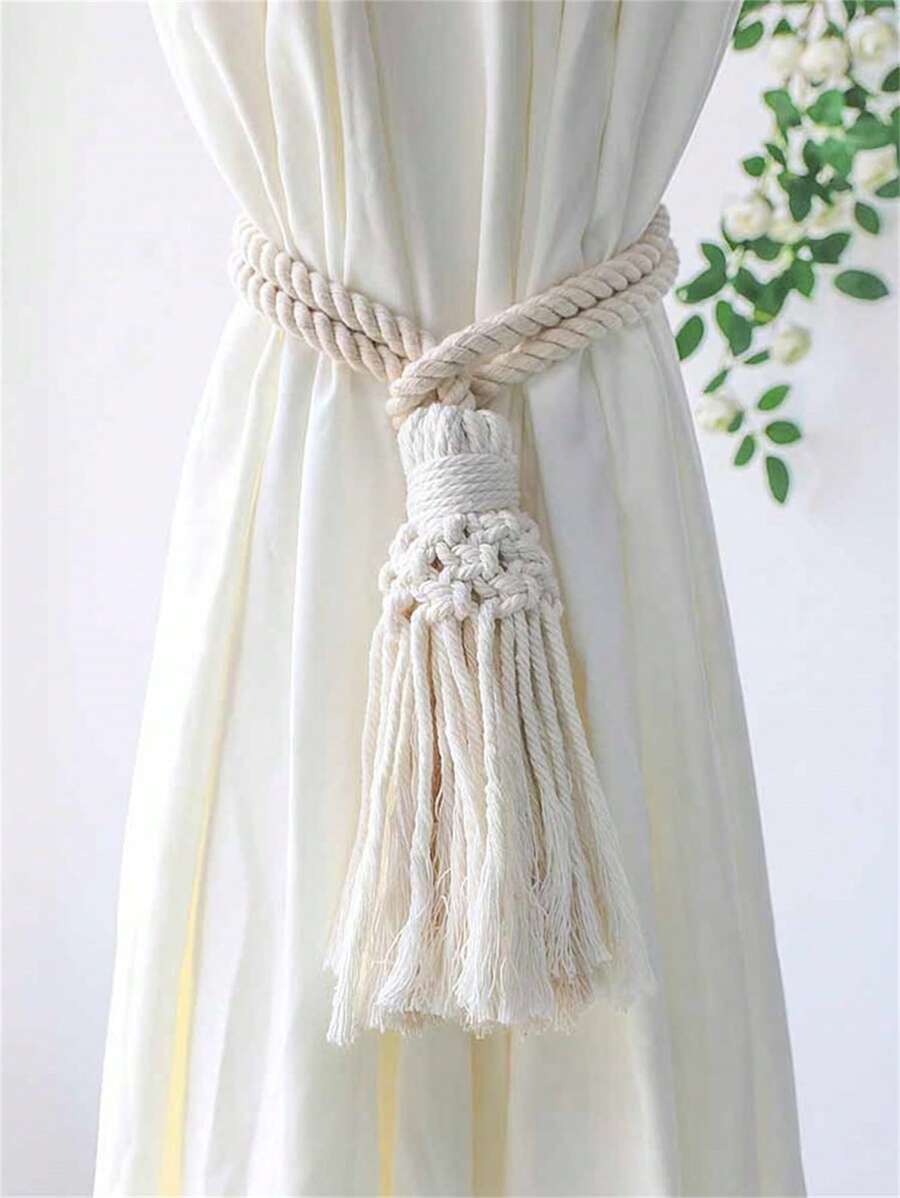1 Máy Tính Hai Dây Màn Thắt Lưng, Cottagecore Vải Tua Rua Trang Trí Màn Dây Buộc Cho Gia Đình - Màu be - Xem 1