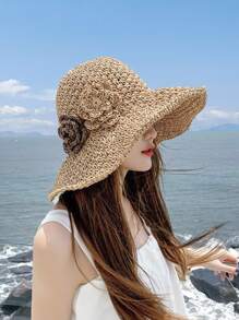 1 Phụ Nữ Trang Trí Hoa Mũ Rơm Boho Cho Kỳ Nghỉ - Màu Khaki - Xem 3