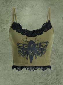 ROMWE Goth 骷髅頭圖案蕾絲拼接吊帶上衣 - 軍綠色 - 查看 1