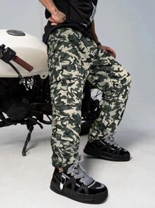 Manfinity Hombres Pantalones con estampado de camuflaje de cintura con cordón - Multicolor - Ver 1