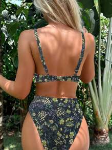 SHEIN Swim Floral Print Bikini Set Smocked Adjustable Strap Underwire Bra & High Waisted Bottom 2 Piece Bathing Suit - Multicolor - View 2