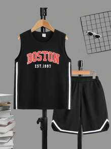 SHEIN 男孩字母圖案織帶拼接背心上衣和短褲