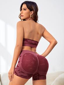 Yoga Sxy 迷彩提花繞頸短上衣和騎行褲 - 酒紅色 - 查看 3