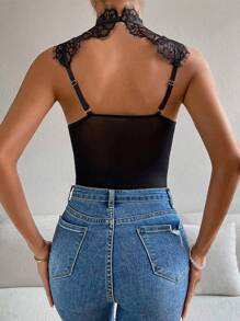 SHEIN Unity Cut Out Eyelash Lace Panel Bustier Lace Bodysuit - Black - View 2