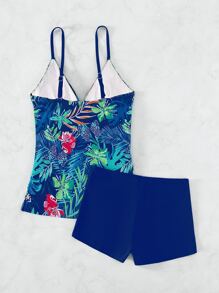 SHEIN Tropical Print Twist Front Tankini Summer Beach - Blue - View 2