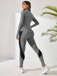 Easithlete 对比色网眼拇指孔运动套装女士健身套装女士健身套装女士紧身裤套装 - 灰色 - 查看 2