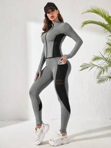 Easithlete 对比色网眼拇指孔运动套装女士健身套装女士健身套装女士紧身裤套装 - 灰色 - 查看 4