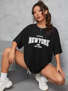 INAWLY Camiseta con gráfico de letra de hombro caído, Camisetas gráficas para mujer - Negro - Ver 3