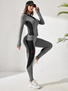 Easithlete 对比色网眼拇指孔运动套装女士健身套装女士健身套装女士紧身裤套装 - 灰色 - 查看 5