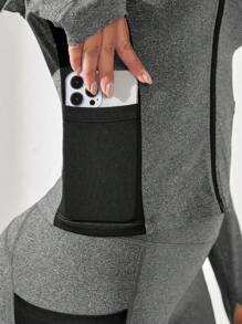 Easithlete 对比色网眼拇指孔运动套装女士健身套装女士健身套装女士紧身裤套装 - 灰色 - 查看 6