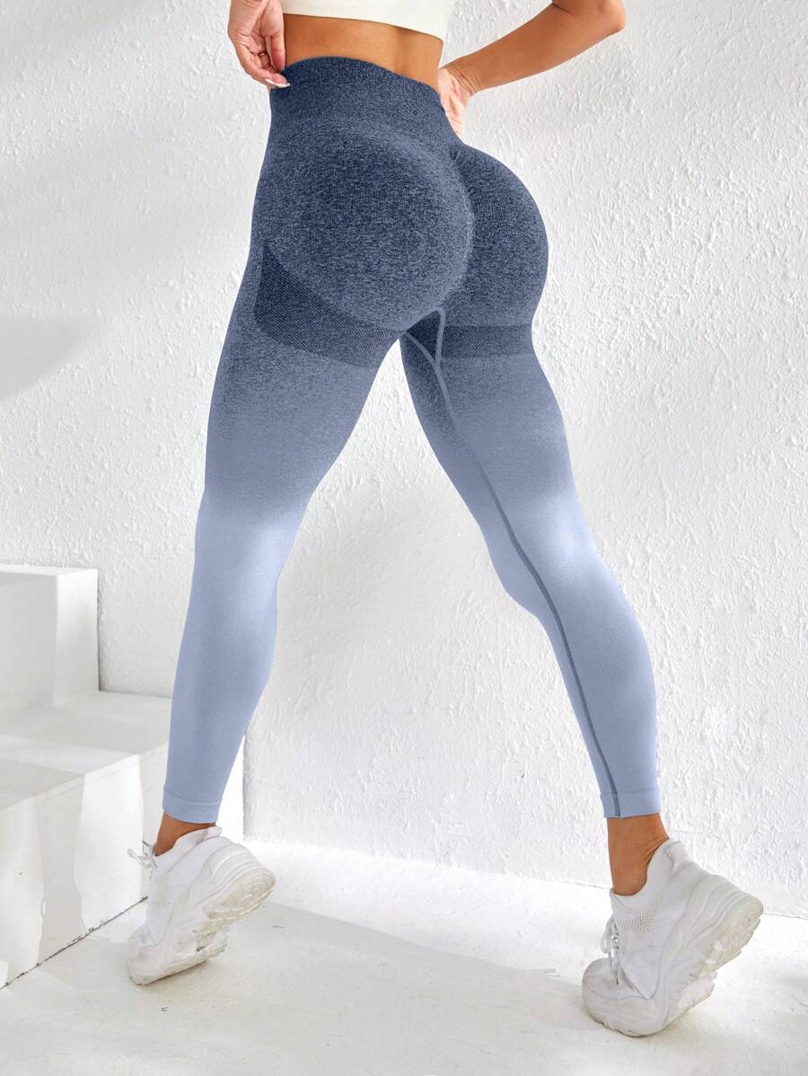 Easithlete 無縫寬腰帶漸層運動打底褲 - 霧霾藍 - 查看 1
