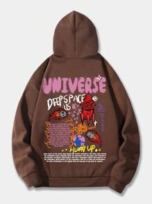 ROMWE MEN Street Life Nam Khẩu hiệu & Đồ họa Hoạt hình Dây rút Áo hoodie ấm áp - Cà phê nâu - Xem 1