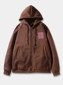 ROMWE MEN Street Life Nam Khẩu hiệu & Đồ họa Hoạt hình Dây rút Áo hoodie ấm áp - Cà phê nâu - Xem 2