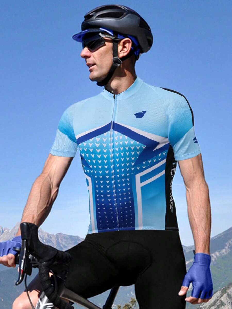 Hombres Geométrico Impresión Manga Raglán Cremallera Camiseta Deportiva Ropa De Gimnasia Para Hombres - Azul - Ver 1