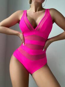 SHEIN Swim Contrast Mesh Plunging Neck One Piece Swimsuit,Summer Beach - Hot Pink - View 1
