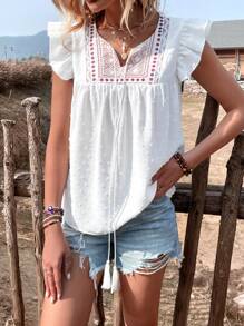 SHEIN Holidaya Áo sơ mi nữ Thắt nơ trước Hoa Boho - trắng - Xem 4