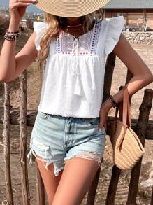 SHEIN Holidaya Áo sơ mi nữ Thắt nơ trước Hoa Boho - trắng - Xem 6