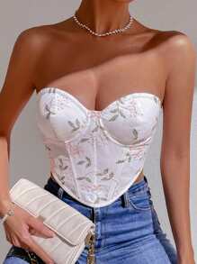 SHEIN Allurite Floral Embroidery Bandana Hem Crop Tube Top - White - View 1