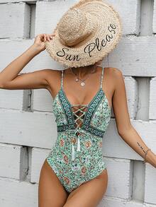 Bikinx Floral Print Tassel Lace Up Front Cut Out One Piece Swimsuit Summer - Multicolor - View 3