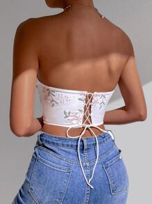 SHEIN Allurite Floral Embroidery Bandana Hem Crop Tube Top - White - View 2