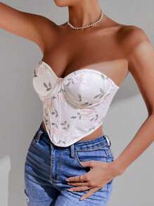 SHEIN Allurite Floral Embroidery Bandana Hem Crop Tube Top - White - View 3