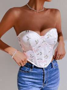 SHEIN Allurite Floral Embroidery Bandana Hem Crop Tube Top - White - View 4