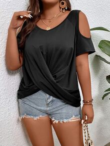 SHEIN LUNE Plus Cold Shoulder Twist Hem Cold Shoulder Tee - Black - View 3