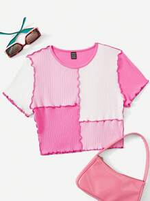 SHEIN EZwear Colourblock Lettuce Trim Crop Tee - Multicolor - View 1