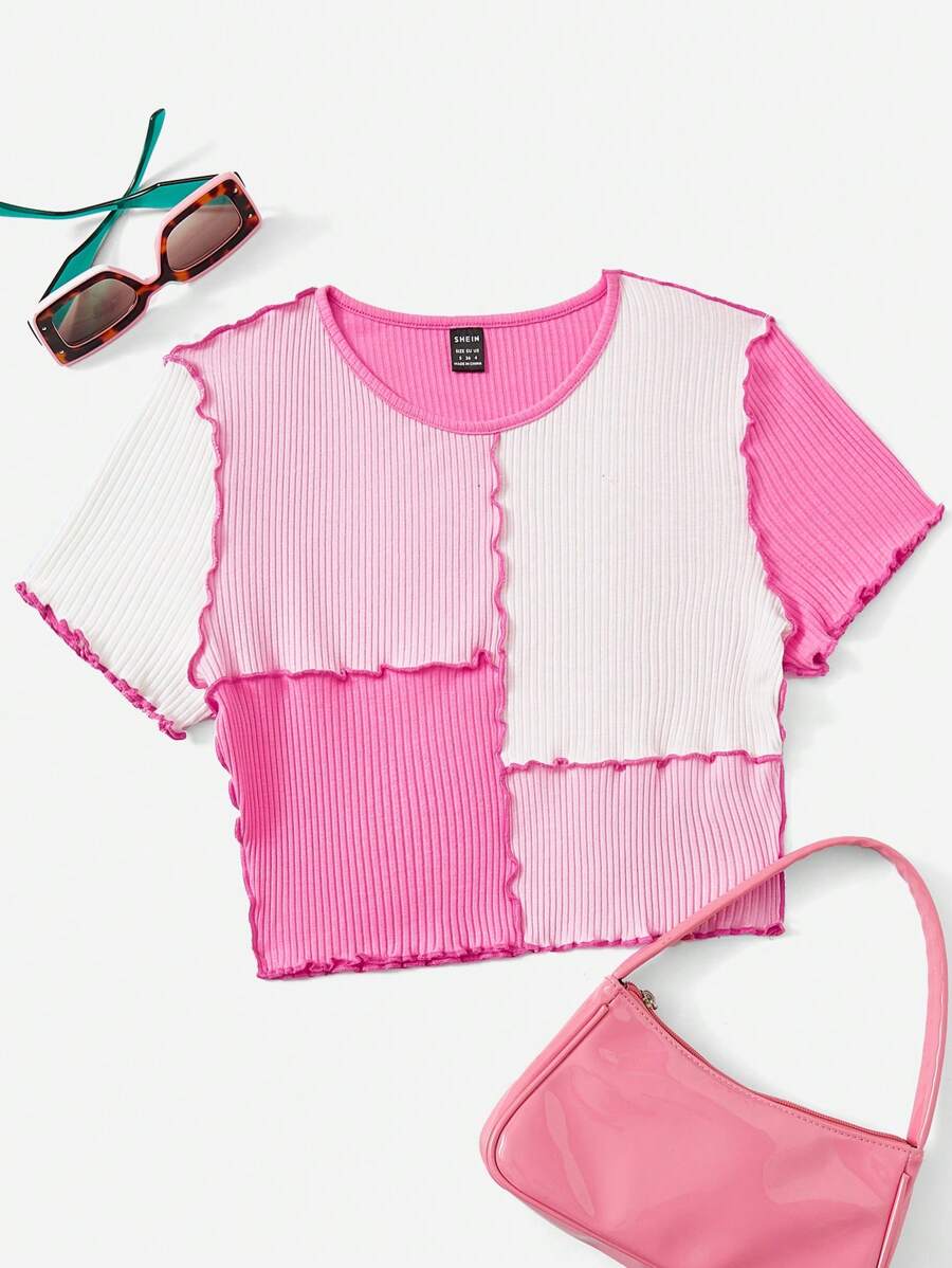 SHEIN EZwear Colourblock Lettuce Trim Crop Tee - Multicolor - View 1