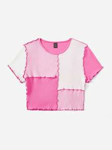 SHEIN EZwear Colourblock Lettuce Trim Crop Tee - Multicolor - View 3