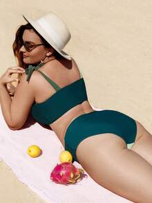 Bikinx Conjunto de bikini de talla grande con bloque de color, hombro anudado, playa de verano - Multicolor - Ver 2