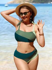 Bikinx Conjunto de bikini de talla grande con bloque de color, hombro anudado, playa de verano - Multicolor - Ver 4