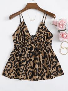 SHEIN LUNE Plus Knot Front Leopard Cami Top Graphic Cheetah Print Tees Women Tops - Multicolor - View 1