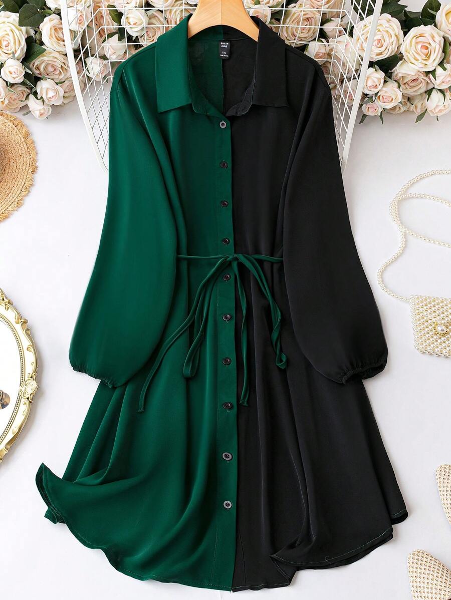 SHEIN LUNE 大碼雙色腰帶襯衫連衣裙 - 墨綠色 - 查看 1