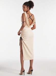 CARLO CIMMINO Đầm Lộ Lưng Vắt Dây kéo Tách cao màu trơn Thanh lịch - Màu be - Xem 2