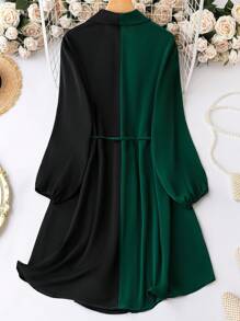 SHEIN LUNE 大碼雙色腰帶襯衫連衣裙 - 墨綠色 - 查看 2