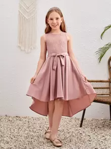 SHEIN Đầm Gái Tương phản ren Cao thấp Dây kéo màu trơn Buổi tiệc - Hồng - Xem 1