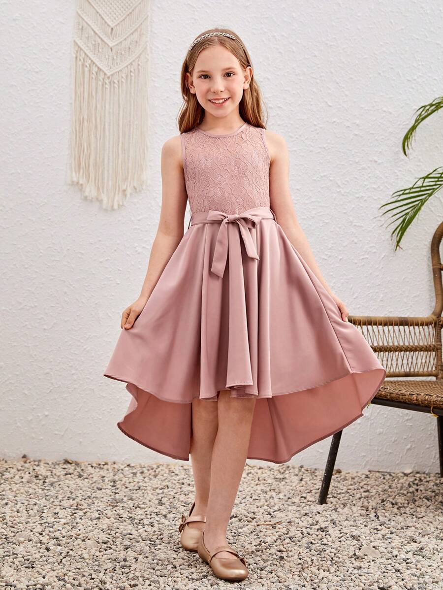 SHEIN Đầm Gái Tương phản ren Cao thấp Dây kéo màu trơn Buổi tiệc - Hồng - Xem 1