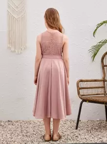 SHEIN Đầm Gái Tương phản ren Cao thấp Dây kéo màu trơn Buổi tiệc - Hồng - Xem 2