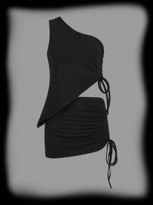 PUNK One Shoulder Drawstring Side Asymmetrical Hem Top & Bodycon Skirt - Black - View 1