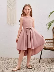 SHEIN Đầm Gái Tương phản ren Cao thấp Dây kéo màu trơn Buổi tiệc - Hồng - Xem 4