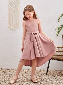 SHEIN Đầm Gái Tương phản ren Cao thấp Dây kéo màu trơn Buổi tiệc - Hồng - Xem 5