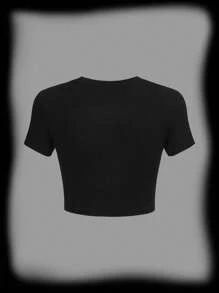 ROMWE PUNK Skull & Letter Graphic Cut Out Bandana Hem Crop Tee - Black - View 2