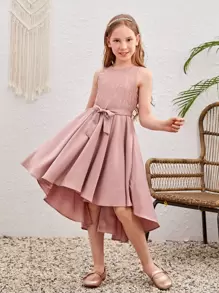 SHEIN Đầm Gái Tương phản ren Cao thấp Dây kéo màu trơn Buổi tiệc - Hồng - Xem 6