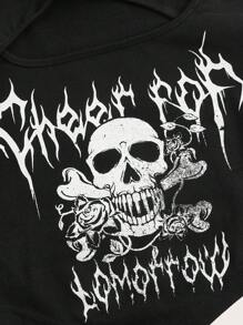 ROMWE PUNK Skull & Letter Graphic Cut Out Bandana Hem Crop Tee - Black - View 4