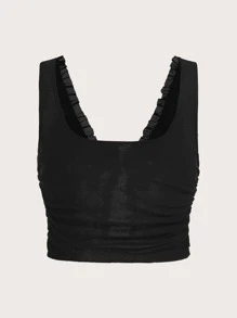 SHEIN ICON Crop Tank Top Phương Tây Cô gái cao bồi Ren tương phản Lá sen tỉa - màu đen - Xem 2