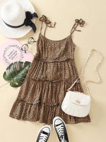 Aveloria Rosie Tie Shoulder Frill Trim Leopard Cami Dress Vacation Outfits Woman  - Multicolor - View 1