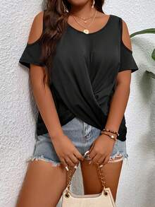 SHEIN LUNE Plus Cold Shoulder Twist Hem Cold Shoulder Tee - Black - View 6