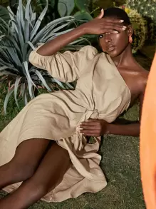 Lital Ofir One Shoulder Knot Front Wrap Hem Dress - Khaki - View 1